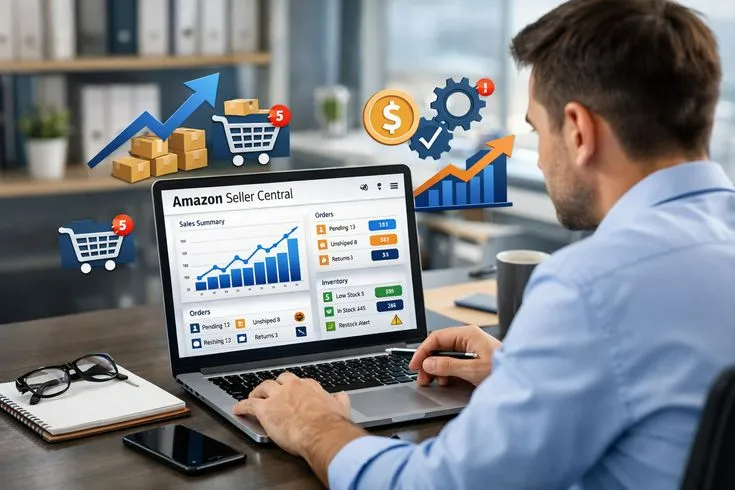 Typing on laptop while shopping online